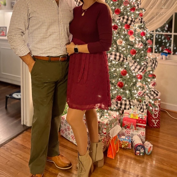 Burgundy Long Sleeve Textured Chiffon Skirt Belted Dress – Size S - Picture 14 of 14